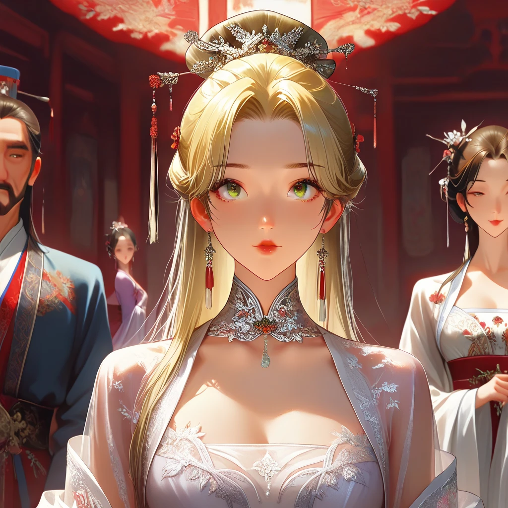 ((top quality)), ((masterpiece)), (details), （perfect face）、Blonde twin-tailed Jamie Ossen is having a wedding with the Chinese emperor, a majestic bearded middle-aged man wearing a gorgeous, glittering see-through red hanfu red bridal dress with outstanding proportions