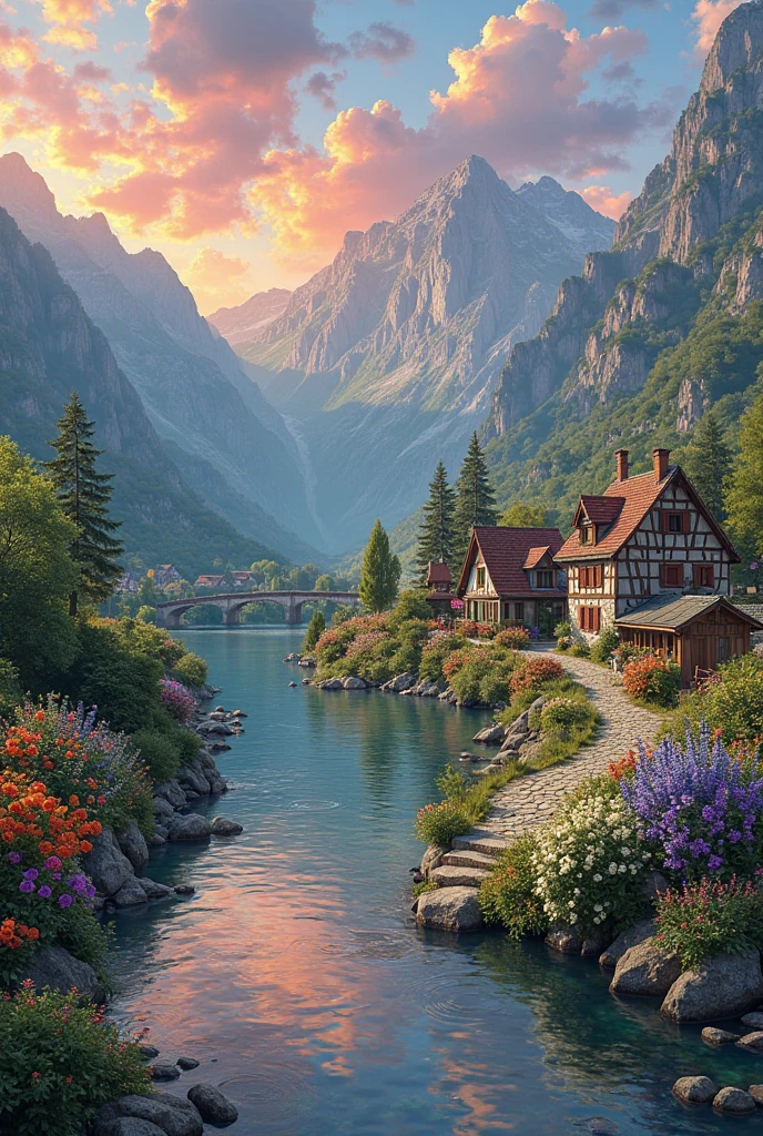 A small village by the river, mountains in the background, colorful flowers, detailed landscape style, beautiful natural scenery, atmospheric lighting,  scorching sunset ,  warm colors, practical, photographic, detailed foliage, complex buildings , cobblestone street, charming country house, vibrant colors, lush vegetation, reflections in the water, pitoresco, idyllic, work of art, Best Quality, 8k, extremely detailed, anime style