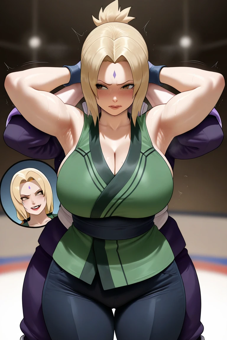 1girl, sitting, feet up,    sitting on ground feet facing camera, (soles), feet focus,, tsunade, mark, solo, (8k, RAW photo, best quality, masterpiece:1.2), (realistic, photo-realistic:1.37), gym background, female at age 60, curvy, serious looks on her face, angry frowning, looking at viewer, (deep oval navel:1.5), (chubby belly:1.2), (wearing push up bra and purple gym pants), detailed face, (extremely detailed eyes), centered composition, blonde hair, brown eyes, facial mark, forehead mark