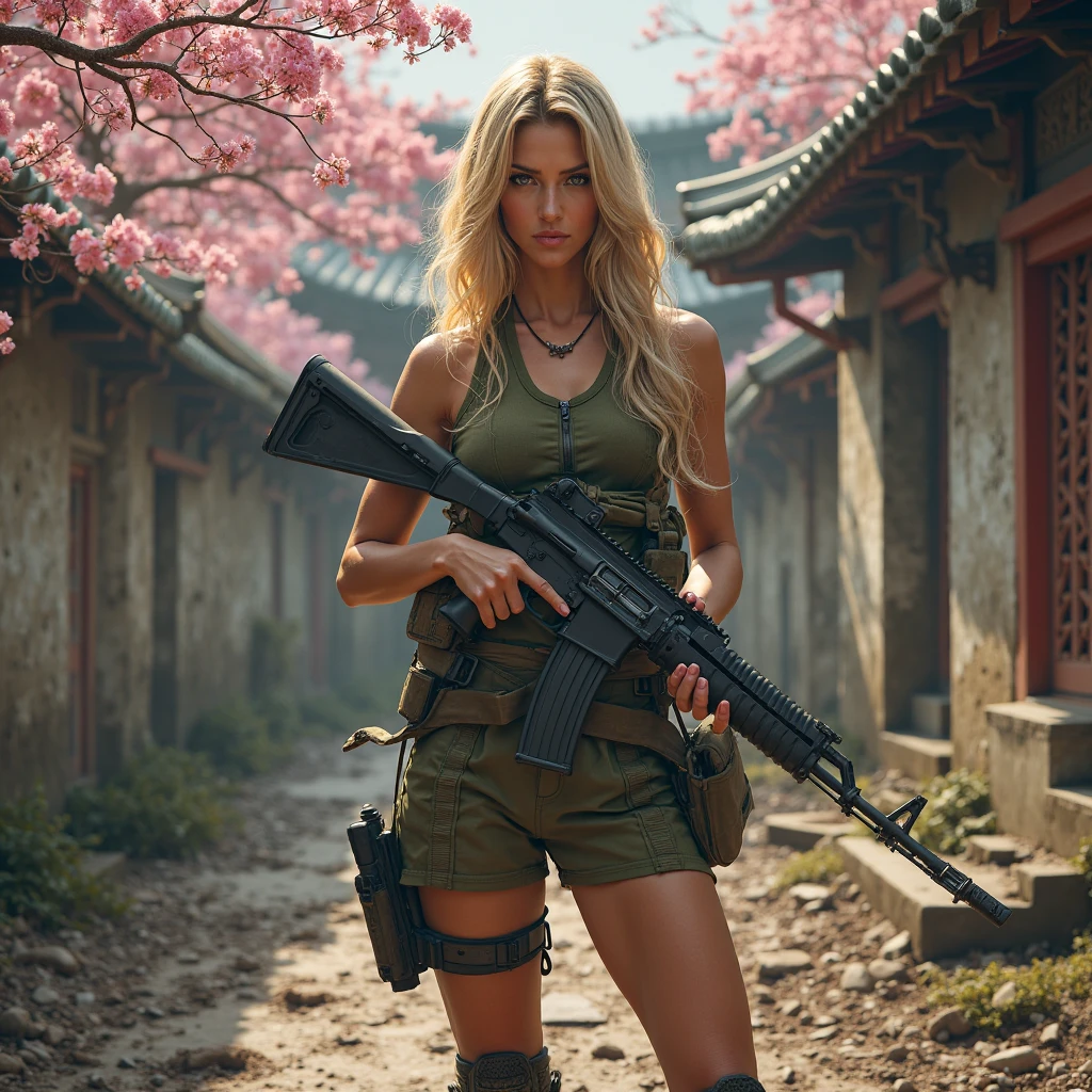 Génère moi une photo réaliste d'une femme européenne blonde les cheveux mi long et les yeux marrons style rugby women et un Ak47 dans un décor avec de la boue, un temple et des cerisiers japonais. 