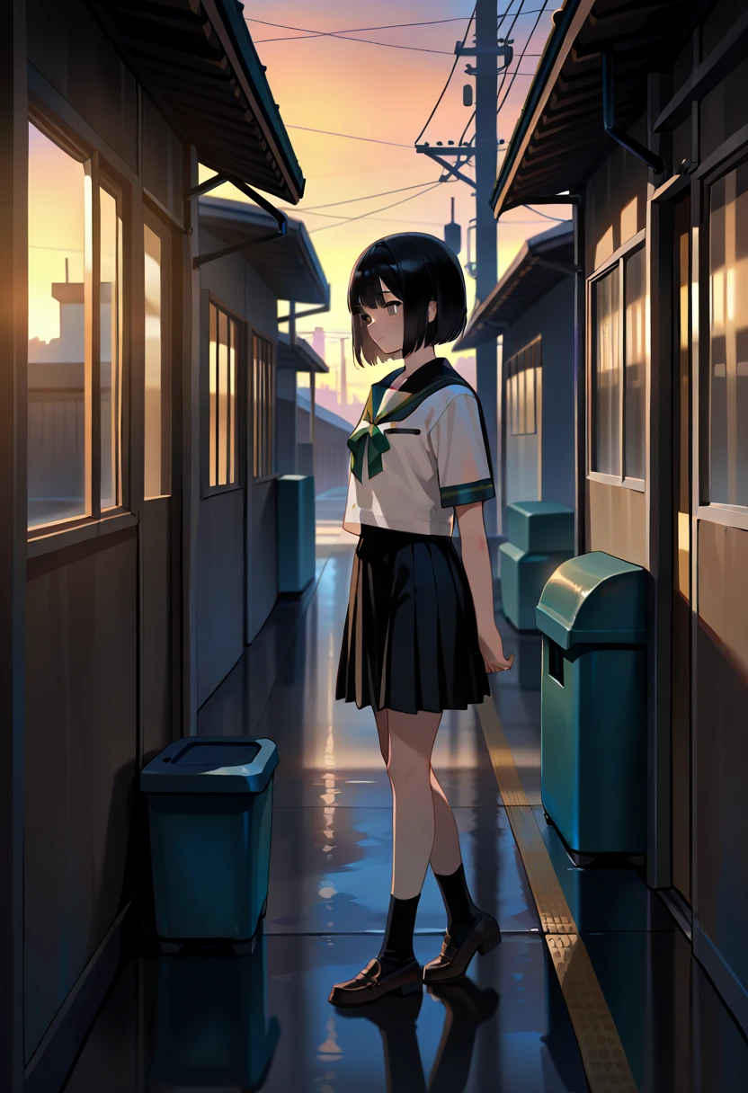 anime girl, school uniform, walking into a mysterious back alley with containers, soft shadows, mysterious atmosphere, late afternoon light, cinematic composition, urban decay　(school uniform, green ribbon, short black bob cut hair, japanese anime girl:1.2), standing on a train platform at sunset, dramatic lighting, calm expression, cinematic, 4k illustration
