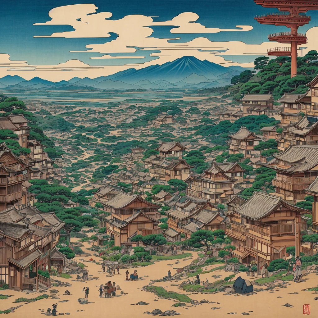 A national treasure-grade Ukiyo-e thumbnail likely to be in a museum， Landscape，モチーフに猫と5月に咲く花を加えた Landscape，An atmosphere that combines the severity of Ukiyo-e with the pop feel of contemporary art，ridiculous and grotesque like Aida Makoto's work，Subdued and eerie like Yamaguchi Akira's work，Use bold and vibrant colors， stage has a modern ，The subtlety and astonishment of Junji Ito，High Quality，simple composition