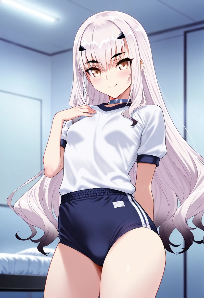 1 girl, underwear, Gray hair, thigh, white_underwear,, long_hair, breast, white pajamas,unbuttoned pajamas,open income,navel,bare belly,eyes closed,eyes closed, exist_Back, In the bedroom, hindquarters, Bangs, split, blush,Lying on exist's bed,white,,white,Full body female love,arms open