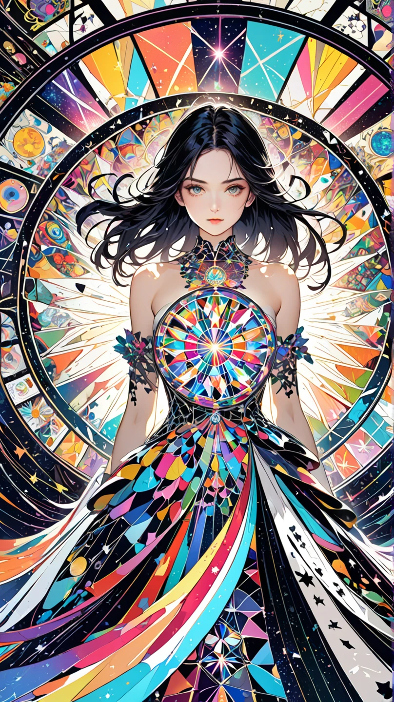 Tarot Cards,spiritual card,Light Magic,gentle colors,Patchwork illustration, Conceptual Installation Art, tall and beautiful work of art, A huge kaleidoscope of color and black and white, Vibrant and matte, Beautiful woman at the center of a kaleidoscope, Cracks caused by cosmic rays, Delicate and dynamic texture, contrast between light and shadow, Graphic CG Digital Art, Super Detail, Absolute Resolution, top quality