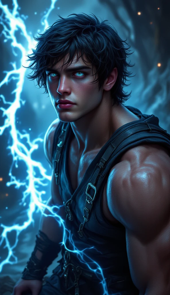 young man leveling up alone, Powering up in a fantastic background, portrait details: Set a determined expression, determined posture, glowing eyes, muscular arms, Surrounding space with magical energy, Environment with mysterious light effects, High quality 3D rendering, Detailed oil painting style, Fantastic and dreamy feeling, vivid and colorful colors, ultra-realistic representation, Masterpiece, 4K, HDR, studio lighting, super high resolution, Realistically depicted texture, Professional level of detail