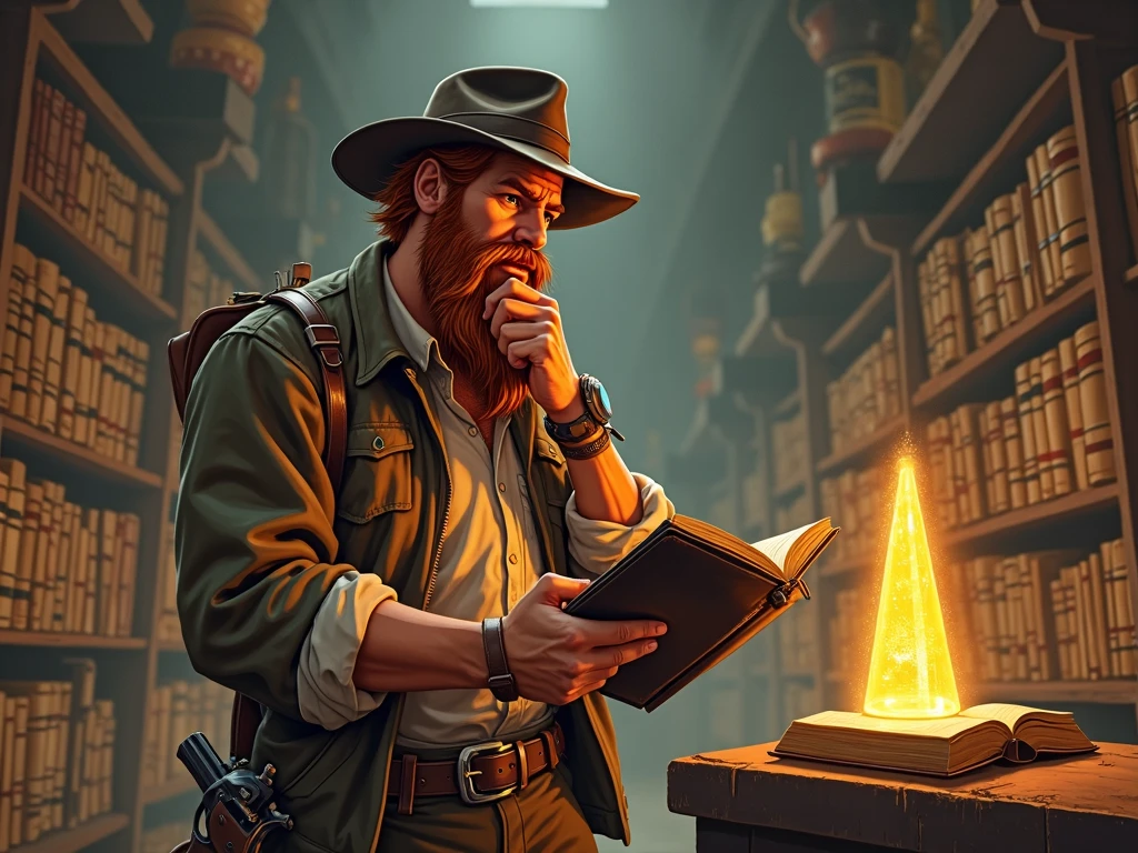 With a thoughtful expression, red-haired Indiana Jones with a bushy red beard stands before a bright glowing artifact in the shape of a small tower, about fifteen centimeters tall. In his right hand, he holds an open book, while his left hand strokes his beard. The background features a museum with tall bookshelves and display relics. Realistic cartoon style.