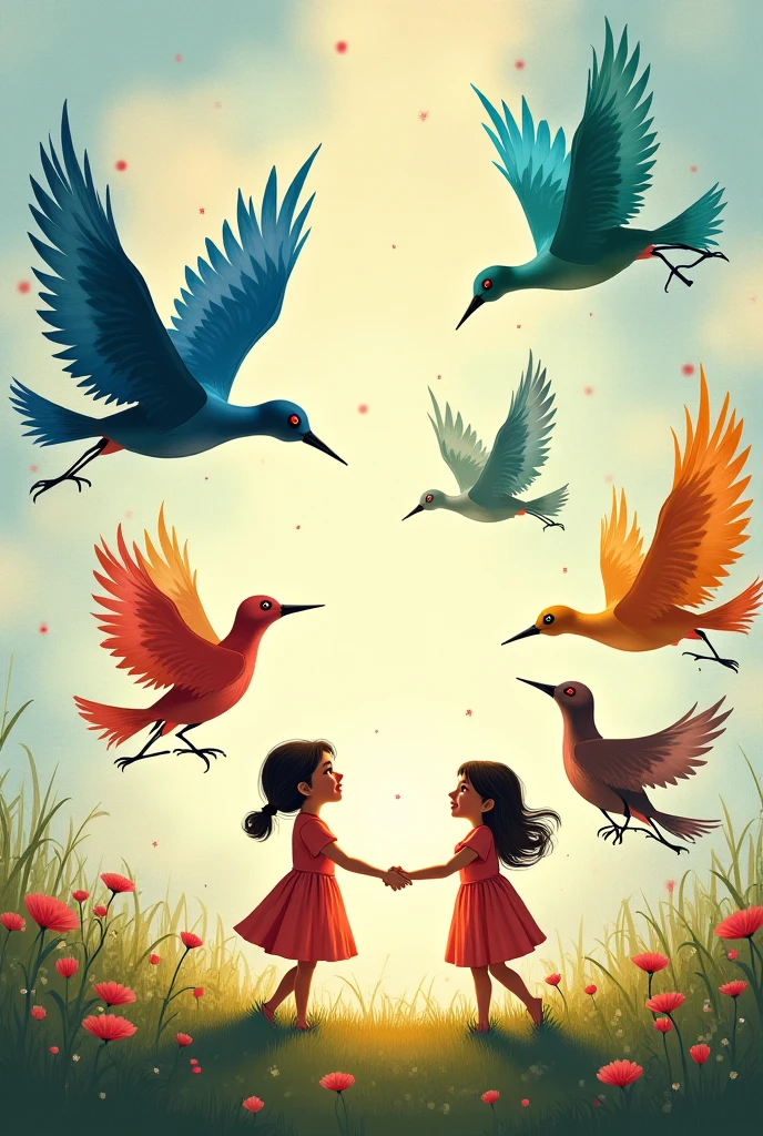 Two children holding hands stand on the wings of an origami crane