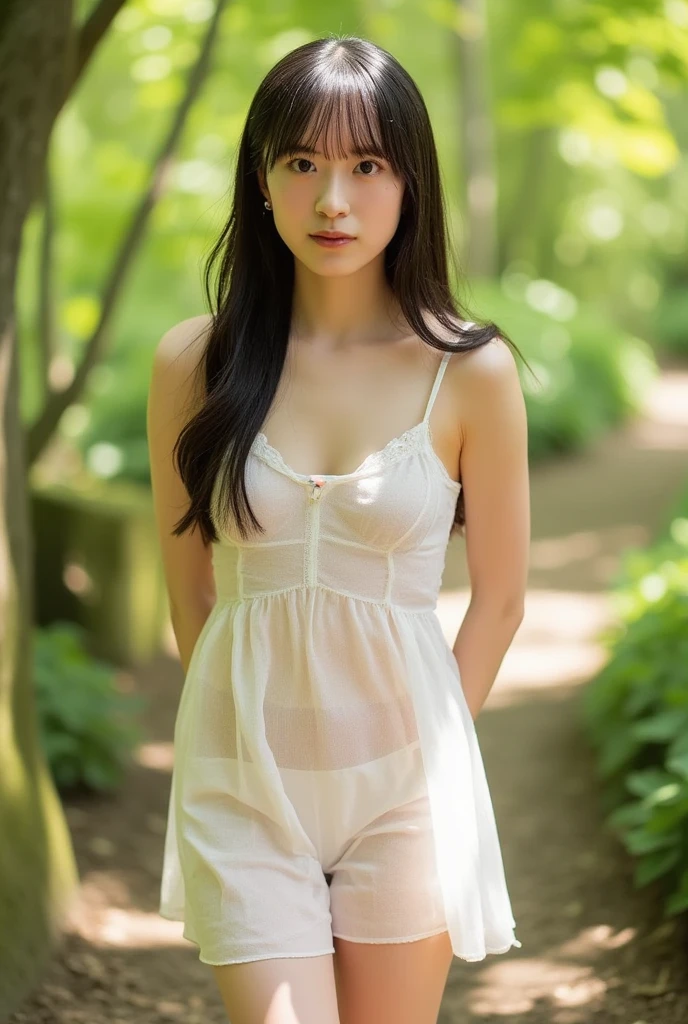 summer，Hot，Tense atmosphere，sweat，Original Photography, best quality, 1 girl, Female Model，Dark brown hair, Very long hair，Bare shoulders, Long hair, Transparent skirt, Slender long legs，Cowboy lens, Dynamic Angle,