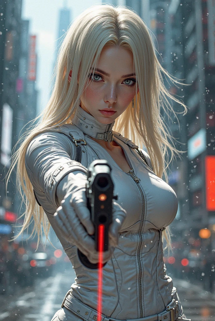 There was a woman with red eyes and white hair, wearing a black dress, holding a gun.,Semi-sheer gauze position on the chest, High quality 8k detailed artwork., Ross Tran Style, deviantart artstation cgscosiety, In the style of Ross Tran, Ross Tran 8 g, Guvis style art, A very detailed RTM pathogen., Argerm style, Kushatt Krenz Key Art Women