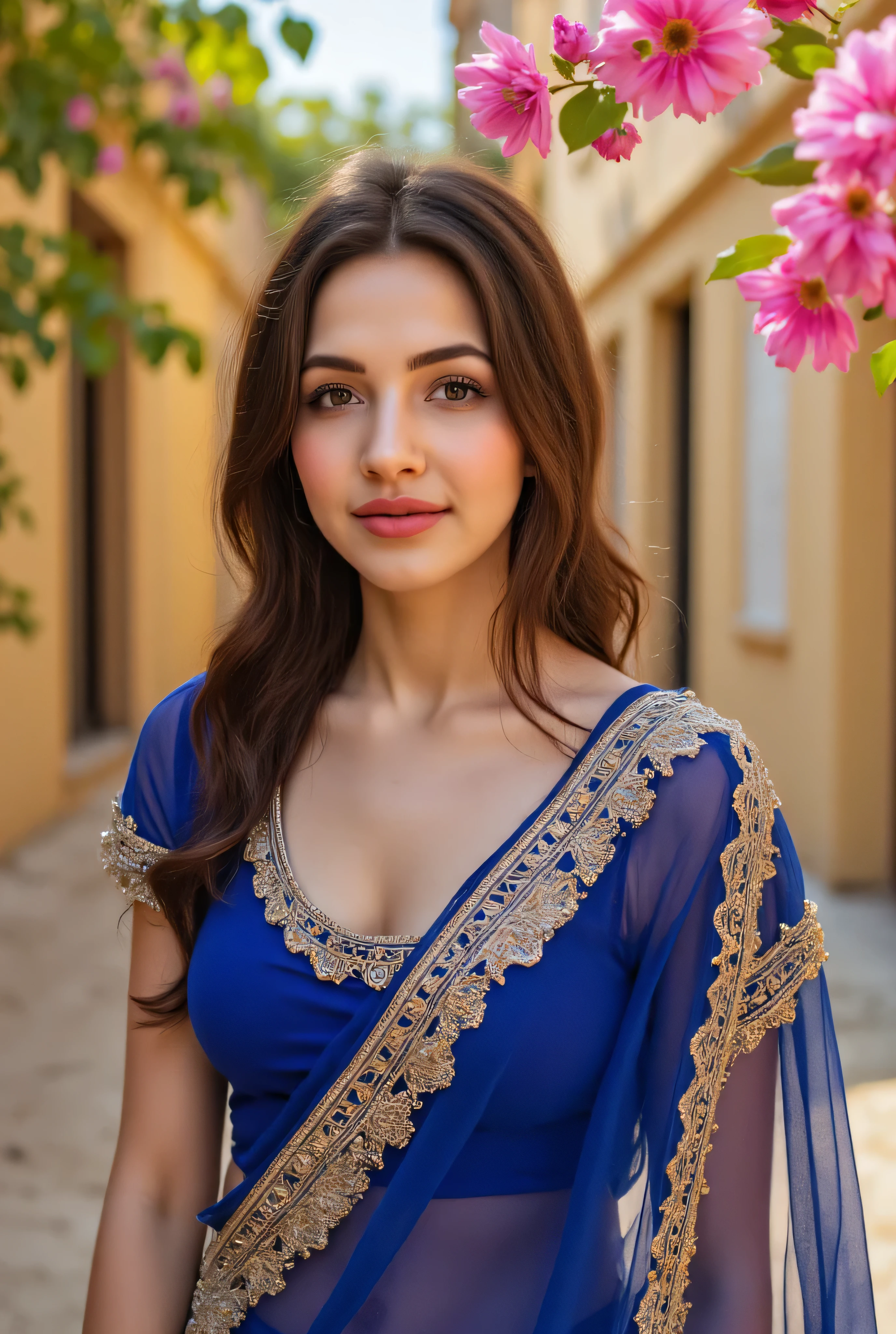 24 year girl in Indian village not modern village rural vibe wearing blue gujrati dress in hawa mahal jaipur in front of local people with smile on face showing cuteness big flowers in hand with beautiful flowers in front of people with beautiful eyes a woman in a sari posing for a picture, indian goddess, traditional beauty, indian, beautiful goddess, ornate cosplay, indian style, indian super model, beautiful maiden, gorgeous woman, south east asian with long, provocative indian, gorgeous beautiful woman, intricate outfit, hindu aesthetic, beautiful girl 