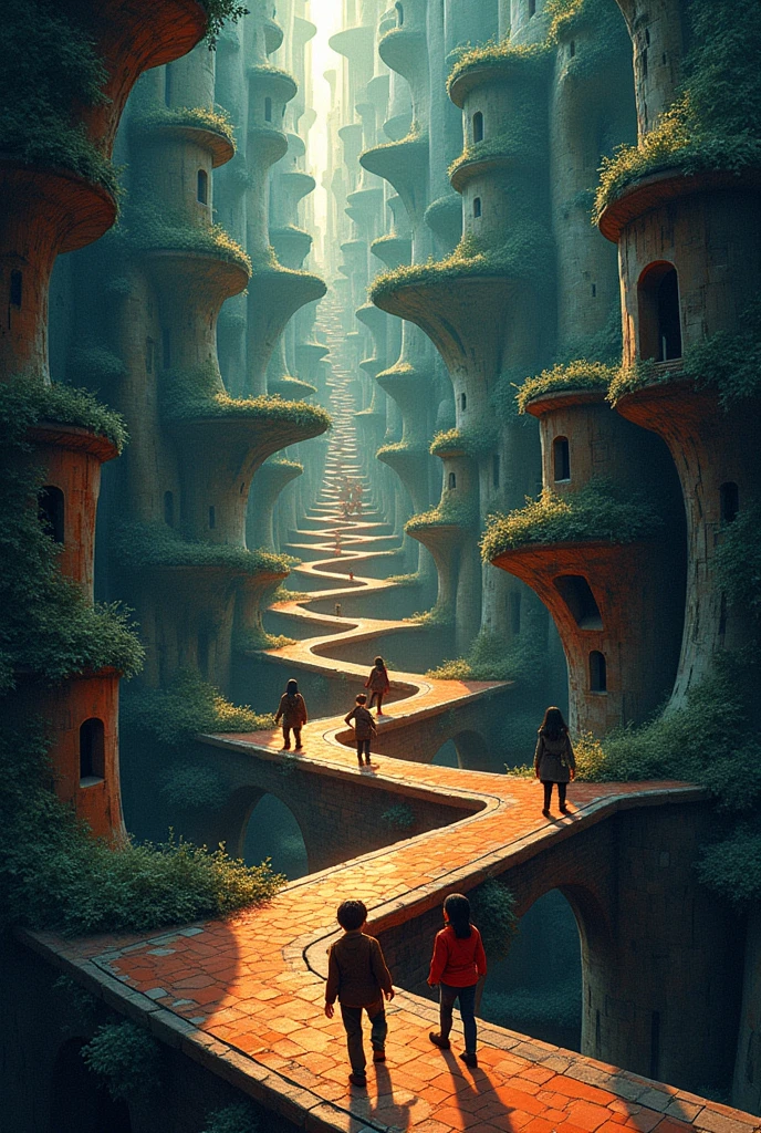  Illustration of a complex maze with multiple branches ,  represent a different story . Inspired by the art style of MC Escher ,  maze has intricate lines and illusory perspectives .  With a vivid and contrasting color palette ,  maze conveys ideas about the different paths to discover .  The facial expressions of the characters in the maze are a surprise and curiosity.  Brilliant lighting and atmosphere is discovery and challenge .--v 5 --stylize 1000   