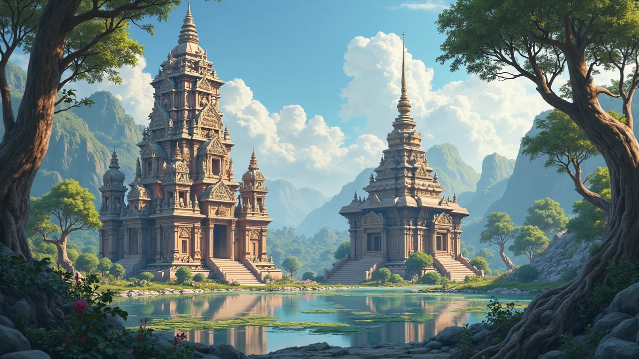 Two temples facing each other: one Vedic, ornate; one Buddhist, serene and open.