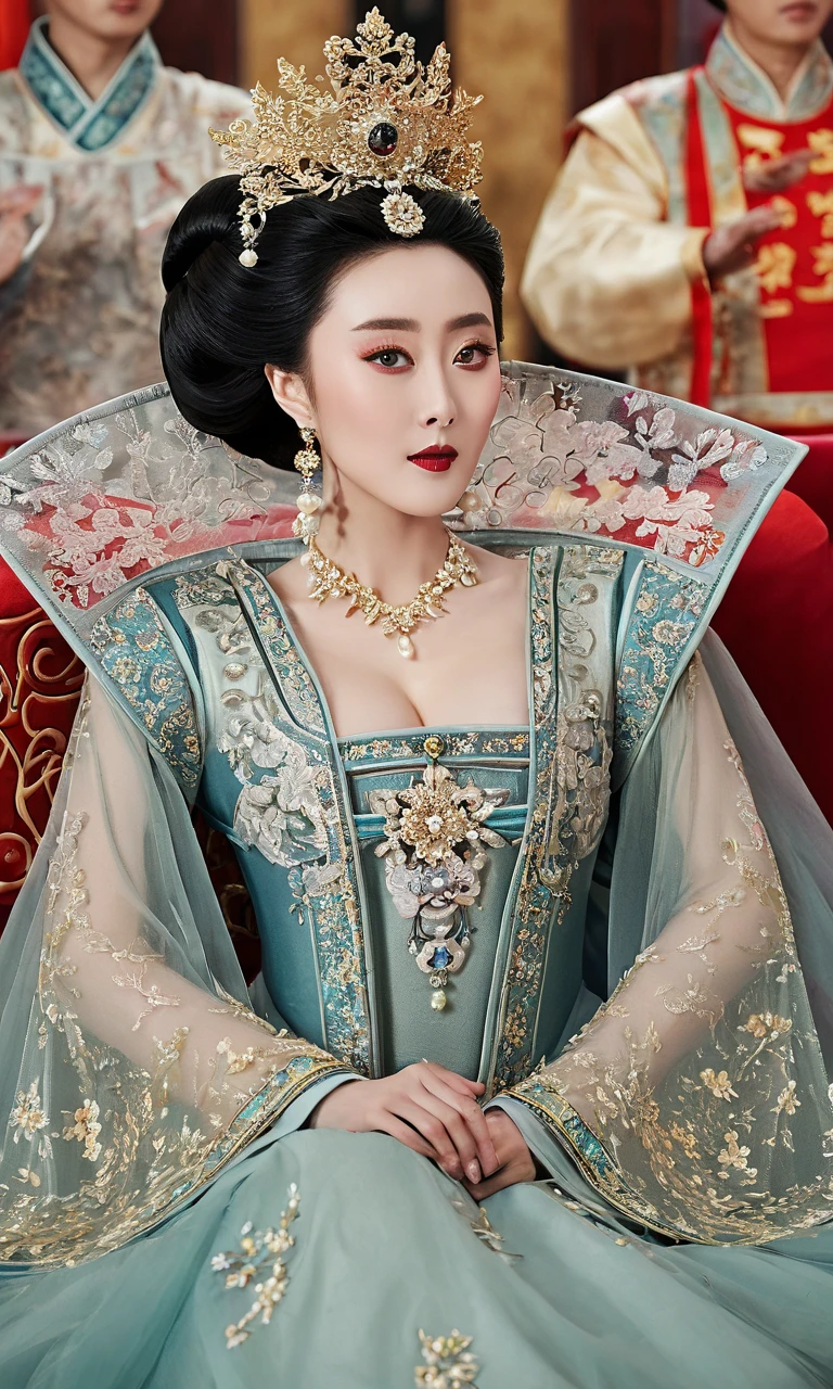 An authoritative a true scene of a breathtaking beautiful and celestial and majestic chinese lady resembling fan bingbing who is an honorable royal queen of china with large elegant, hawk-like-nose, who embodies old fashioned class, sophistication, elgance as well as wholesome, natural beauty. , thin-waist, wide-, swaying-. Laura Vandervoort. Insnely Oppulent and majestic sequined square neck historically accurate victorian coronation multi layered tulle huge and long ancient hanfu or any ancient traditional dress of china with long tulle floating sleeves and a hint of   and it must be fancy like an aged empress, the beauty of her face is devilishly high and hypnotic and her eyes are like pearls with wicked smile. It is a promise of seduction as her  swirls out and makes you to edge on your , striking evil makeup with pure red lipstick that tempts to look more and more and feel scorned and humiliated by her beauty. she is in her coronation ceremony. hint of   makes men to submit to her. her hairstyle is a royal puffy huge Thick updo. her gaze is seductively dominant and powerful and majestic with intense charismatic. you will be forced to look at her   and aroused and kneel and then prostrate and worship her. the way her gaze shows and whispers: ‘Kneel and worship me my servant and show your humility as a good slave.’if you watched at her you must immediately kneel and prostrate and if you don't, you shall feel extremely  by the hint of her   a burst into a huge . she will force you to kneel and prostrate at her like a god whether you like it or not. you will feel possessed by her bewitching beauty and  power and she will force you to kneel and prostrate at her like a god whether you like it or not. you will feel possessed by her bewitching beauty and  power and she sees that you will be forced to kneel with her possessive power of her
