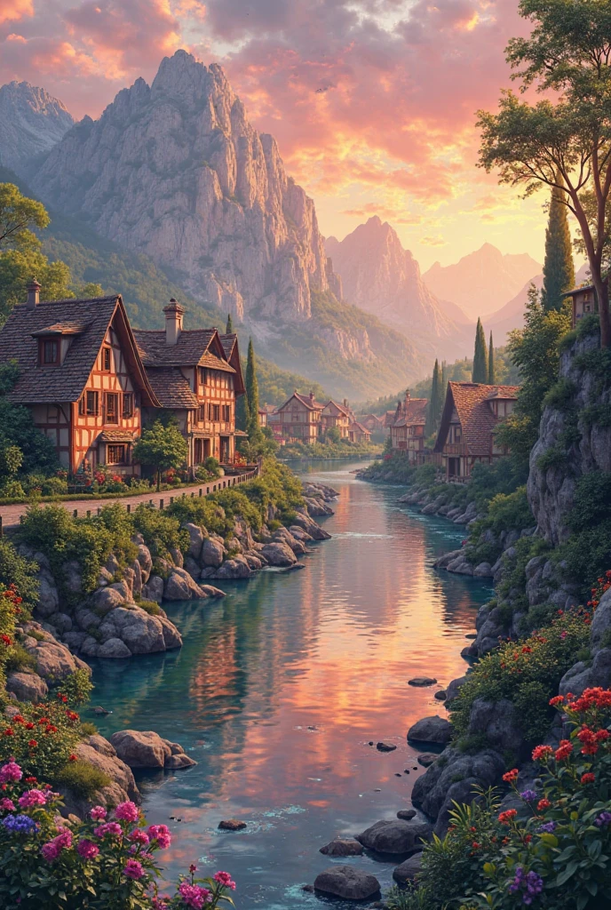 a small village by the river, mountains in the background, floral flowers colorful, detailed landscape, Beautiful natural landscapes, atmospheric lighting, scorching sunset, warm colours, practical, photopractical, Detailed Foliage, complex buildings, cobblestone street, Charming country house, swirly vibrant colors, lush vegetation, Still water reflections, Picturesque, idyllic, work of art, best qualityer, 8k, extremely detaild,anime styling