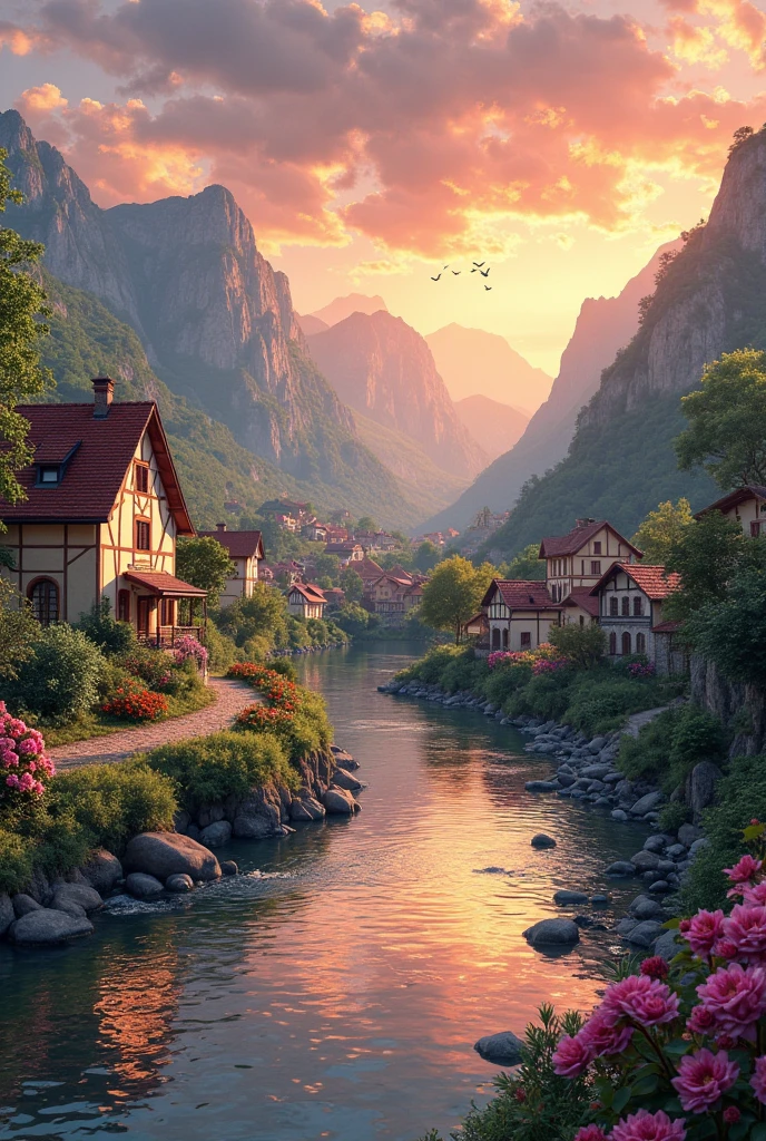 a small village by the river, mountains in the background, floral flowers colorful, detailed landscape, Beautiful natural landscapes, atmospheric lighting, scorching sunset, warm colours, practical, photopractical, Detailed Foliage, complex buildings, cobblestone street, Charming country house, swirly vibrant colors, lush vegetation, Still water reflections, Picturesque, idyllic, work of art, best qualityer, 8k, extremely detaild,anime styling