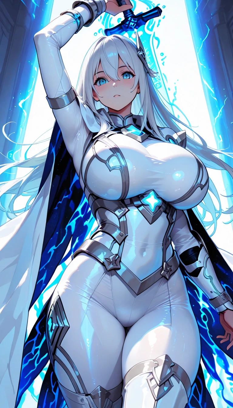 1 woman wearing armor, big bulky futuristic armor，slim leg pieces),(best quality),(Super detailed),fantasy, Large Breasts, 
Practical, dim battlefield , In battle，Electric light flowing around，flash in hand，In Action，silver long hair，Gray eyes