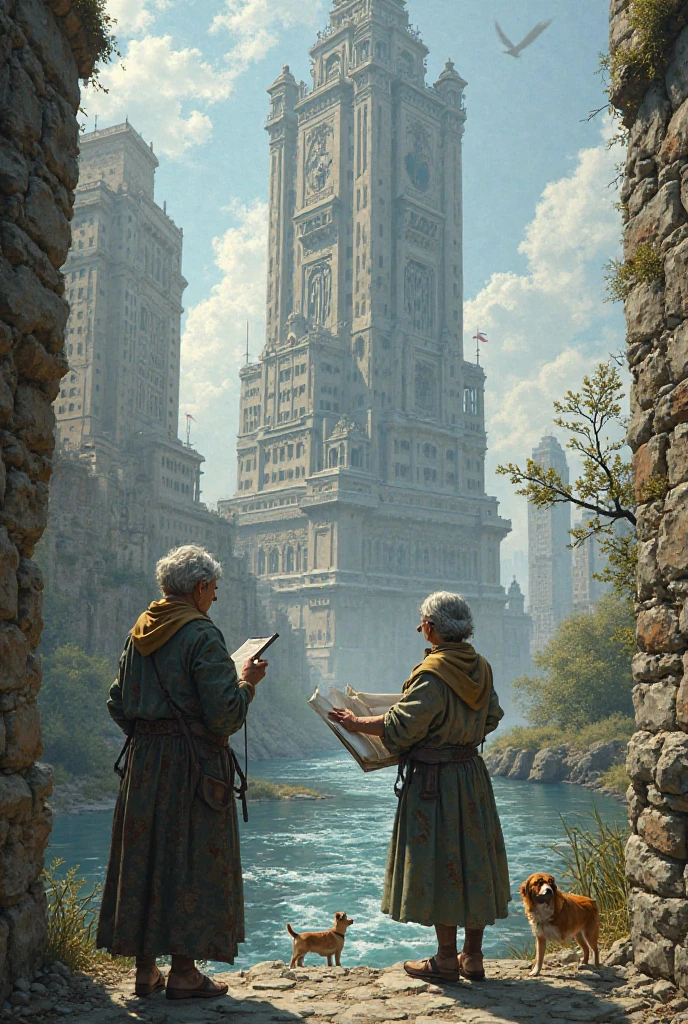 Two older women measuring a city building to see if she is sinking into the ground. Also the small river is near. And few dogs are in the distance. 