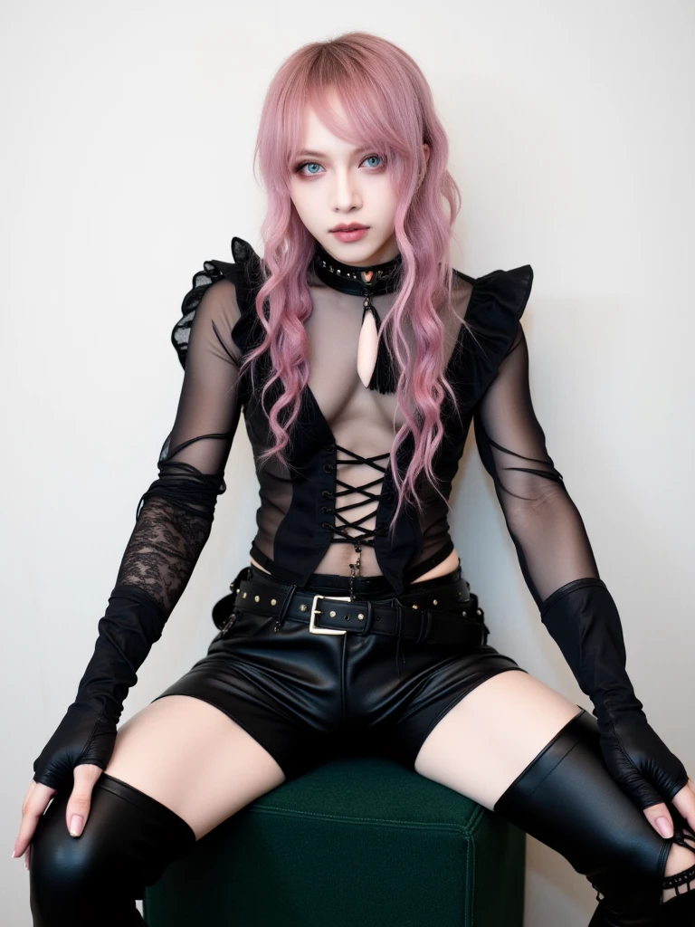 (8K, Highest quality, masterpiece:1,2), (Realistic, Photorealistic:1), Super detailed, One Girl,), (Very detailed), (Beautiful and detailed eyes), (Highest quality), (Very detailed ), (masterpiece), (Detailed face),20-year-old, ,1 Girl, ((Pink Hair,Long Hair)), Medium chest, Dressed, Perfect lighting, (red leather bondage jacket), (black lace bodysuit:1.0), (Transparent Plastic Crop Top), (Sheer black lace mini skirt:1), , (Detailed bondage features:, (Red fishnet stockings), (High heel boots), (Leather Choker), ((Relax Pose), (NSFW:1.0)