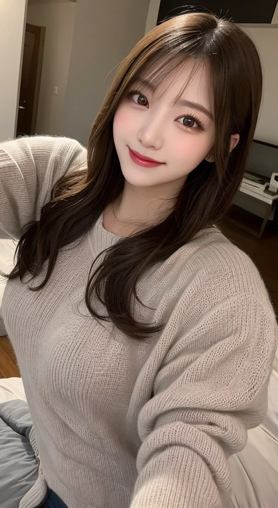 ((highest quality, 8k, masterpiece: 1.3)), 1 female, Japanese Idols,Sensual beauty: 1.3, (Hair style Brown hair Medium wave, big: 1.2), Nightwear: 1.1, Very friendly face, Delicate eyes, double eyelid, Dimples,Mole, Sit on the sofa,relax,smile,Plump body,mole,Cowboy shot from above,