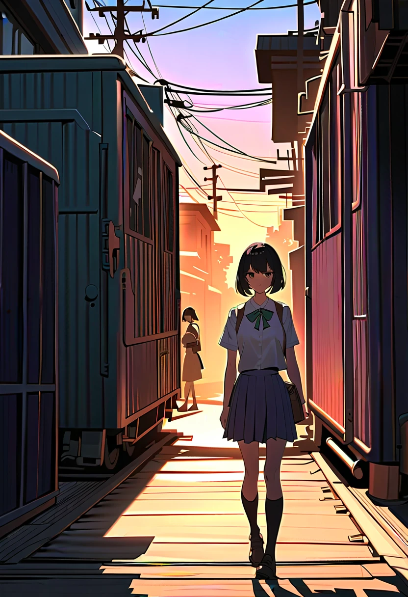 anime girl, school uniform, walking into a mysterious back alley with containers, soft shadows, mysterious atmosphere, late afternoon light, cinematic composition, urban decay　(school uniform, green ribbon, short black bob cut hair, japanese anime girl:1.2), standing on a train platform at sunset, dramatic lighting, calm expression, cinematic, 4k illustration
