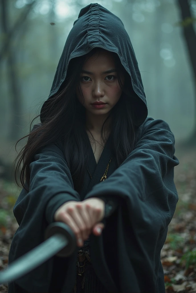 An award-winning ultra-high quality realistic professional foto of Female Asian Ninja, Performs some sort of action, horor,The setting is set in Edo period Japan decaying in darkness with fog, is very detailed, whole body, foto, hyper-realism --ar 9:16 High Resolution, Long Hair, , face indonesian artist