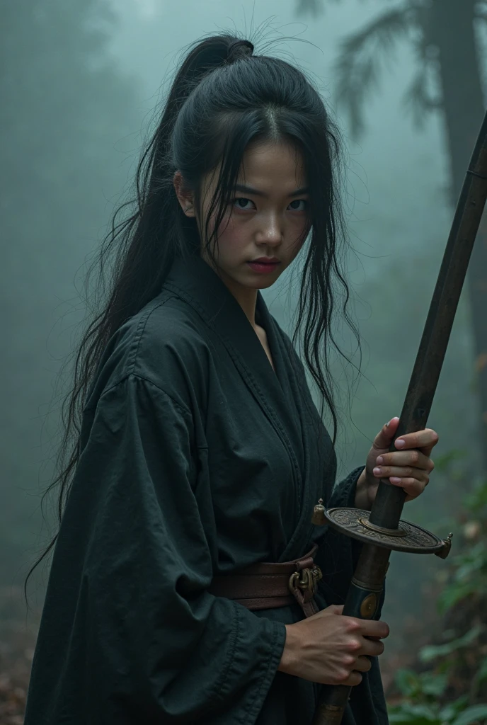An award-winning ultra-high quality realistic professional foto of Female Asian Ninja, Performs some sort of action, horor,The setting is set in Edo period Japan decaying in darkness with fog, is very detailed, whole body, foto, hyper-realism --ar 9:16 High Resolution, Long Hair, Breasts, face indonesian artist
