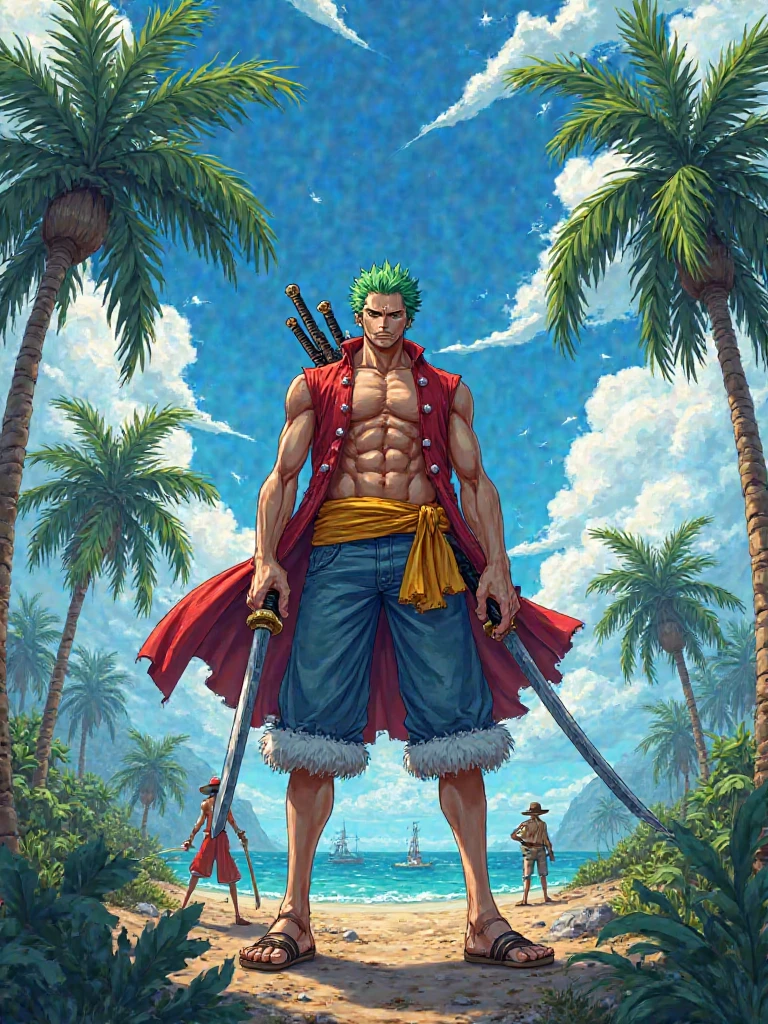 Um personagem de One Piece, he has red hair, wears black pants with a red detail, is 2 meters and 40 centimeters tall, He has a scar on his right eye and another scar on his chest that is shaped like an X and he also wears red flip-flops., thin and not very muscular 