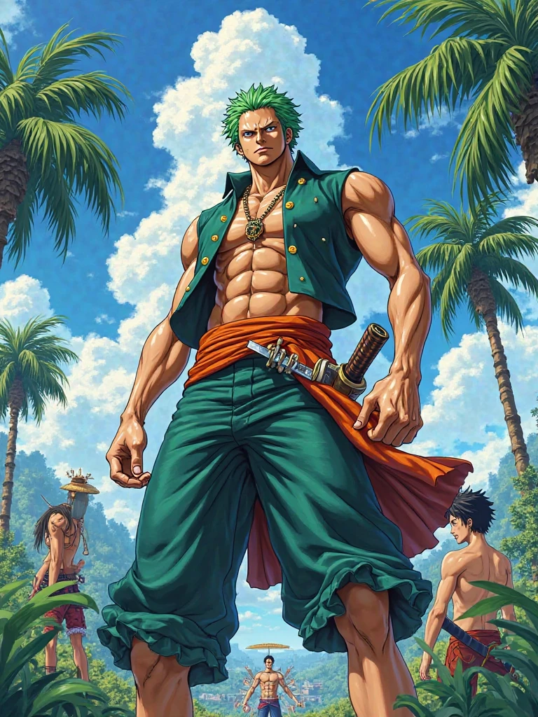 Roronoa Zoro, One Piece, handsome, sexy smile, holding the 3 swords, shirtless, underwear only, large volume, pirate ship scenery, calm sea, gleaming sun illuminating your body, muscular, ultra realistic, hd, 8k, sensual --auto --s2