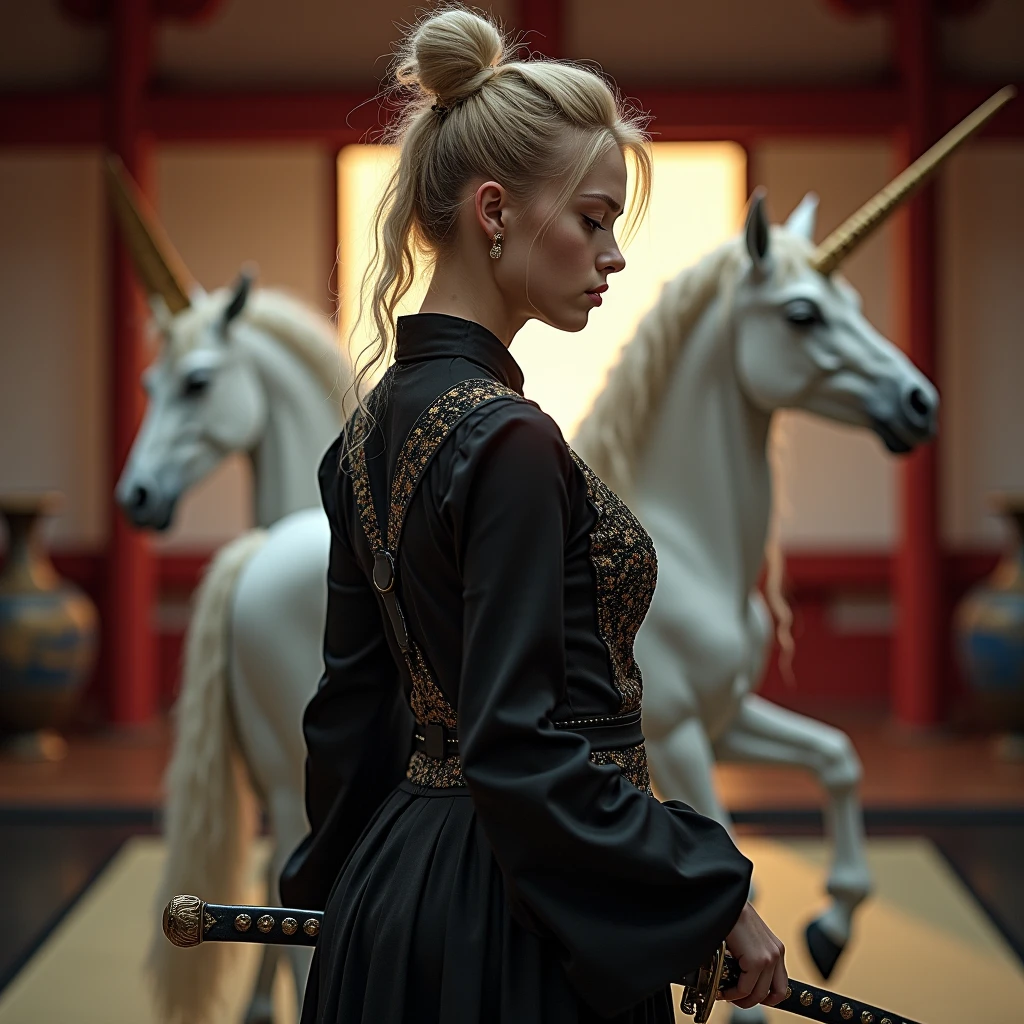 Generate a realistic photo of a blonde woman, European, Hair tied in a bun, third girl , avec une tenue guerrière noir qui tient dans la main un sabre de samourai ou une é dans un décor avec un temple japonais et des cerisiers japonais. She is accompanied by 2 unicorns