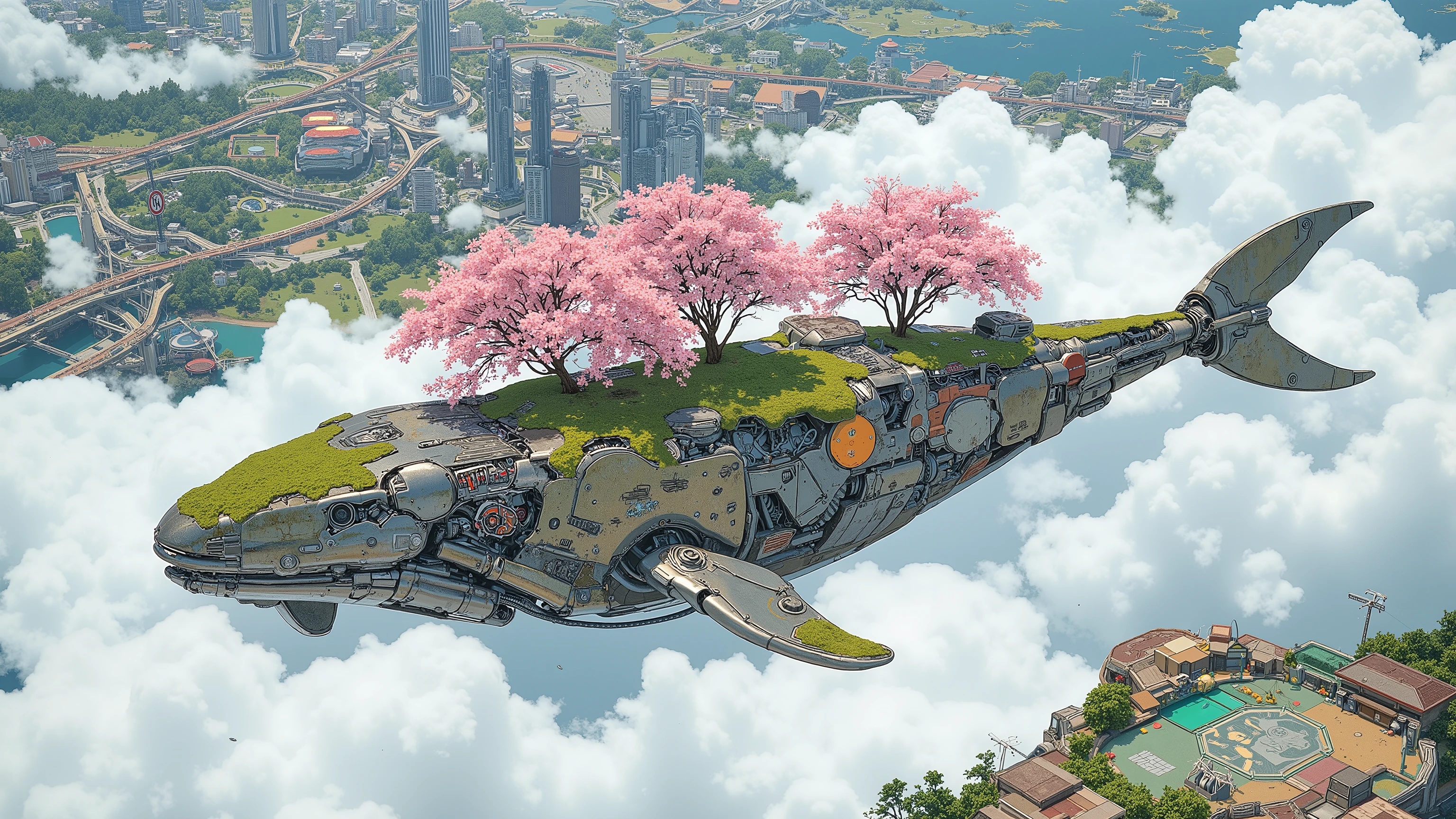 (masterpiece:1.3, top quality:1.3, detailed description:1.3, high quality:1.3),(1huge Robot whale\Metal body, trees of cherry blossom on the whale's back, Beautiful luster, beautiful metal details, precision machinery, moss growing, There are buildings and houses and parks and lakes and mountains, A very developed city, The city is depicted in crisp detail, Bird's Eye View, Bird's Eye View:1.5), (A mechanical whale gracefully swims between a futuristic floating city and a sea of clouds, The developed city floating in the air is depicted with extremely clear details, featuring skyscrapers and highways., whale swims in the sea of clouds)