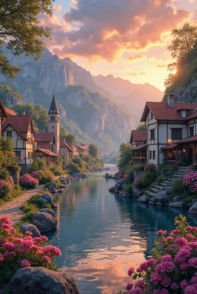 a small village by the river, mountains in the background, floral flowers colorful, detailed landscape, Beautiful natural landscapes, atmospheric lighting, scorching sunset, warm colours, practical, photopractical, Detailed Foliage, complex buildings, cobblestone street, Charming country house, swirly vibrant colors, lush vegetation, Still water reflections, Picturesque, idyllic, work of art, best qualityer, 8k, extremely detaild,anime styling
