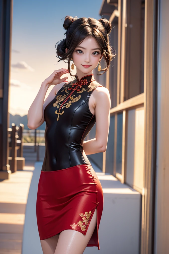 (NSFW), 1womanl, Solo, 24 year old, 7headed body, (cute  face), (Ideal ratio body proportions), ((Composition from head to thigh)), Chinatown, qipao dress, sleeveless, erectile nipple, Sexy body, Wet, Smiling smile, short-hair, Dark hair, small tits, A slender, Small buttocks, beauty legs, Skinny Legs, surrealism, Cinematic lighting, depth of fields, One-person viewpoint, F/1.8, 135 mm, nffsw, masutepiece, ccurate, ((Anatomically correct)), Textured skin, Super Detail, high details, High quality, awardwinning, Best Quality, hight resolution, 8K