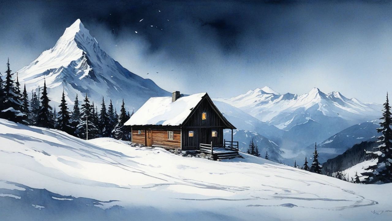 A solitary mountain cabin surrounded by snow, symbolizing the importance of stepping away from the chaos.surrealist art style combined with smudged watercolor paint. The scene is a bit dark.