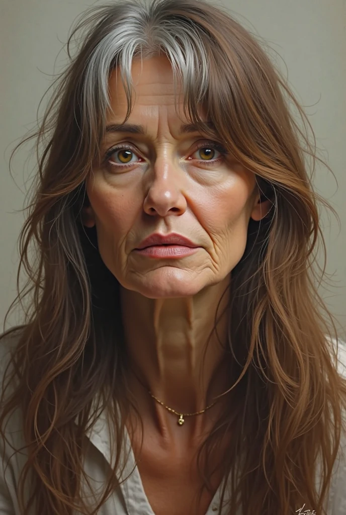 change a girl with long hair to brown hair with a few white strands, paint her bangs in a split of white and brown 