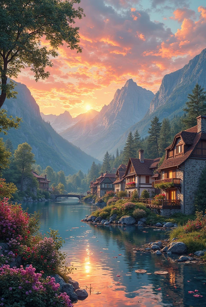 a small village by the river, mountains in the background, floral flowers colorful, detailed landscape, Beautiful natural landscapes, atmospheric lighting, scorching sunset, warm colours, practical, photopractical, Detailed Foliage, complex buildings, cobblestone street, Charming country house, swirly vibrant colors, lush vegetation, Still water reflections, Picturesque, idyllic, work of art, best qualityer, 8k, extremely detaild,anime styling