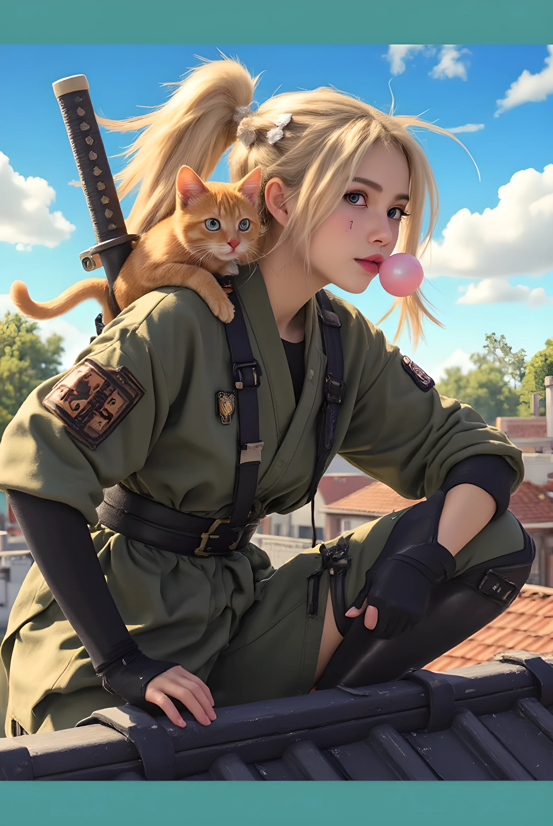 Dnd hyper realistic style, generated kaida blonde blue eyed beauty marked left cheek ninja arcane trickster, traditional green ninja outfit with sode and do, with some modern touches like straps and buckles, she is blowing bubble gum, dark grey armor, ponytail, katana tied to her back, playful and relaxed attitude, orange tabby cat on her shoulder, background perched on a rooftop of Realistic fantasy town surveying her surroundings , Style raw