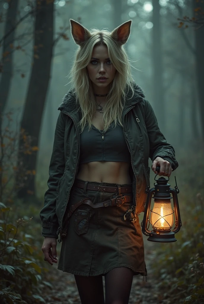 Sable ward survivante de dead by daylight avec une queu de cheval blonde platine en jupe courte et crop top dans un style un peu ghotique essayant de survivre avec son chien dans la foret sombre lampe à la main