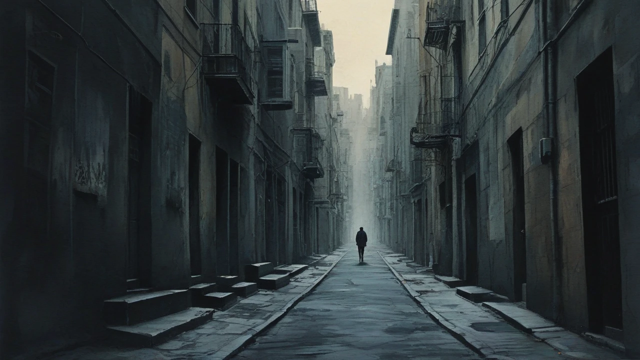 A time-lapse scene showing a bustling city fading into quietness as one person walks down an empty alley.surrealist art style combined with smudged watercolor paint. The scene is a bit dark.