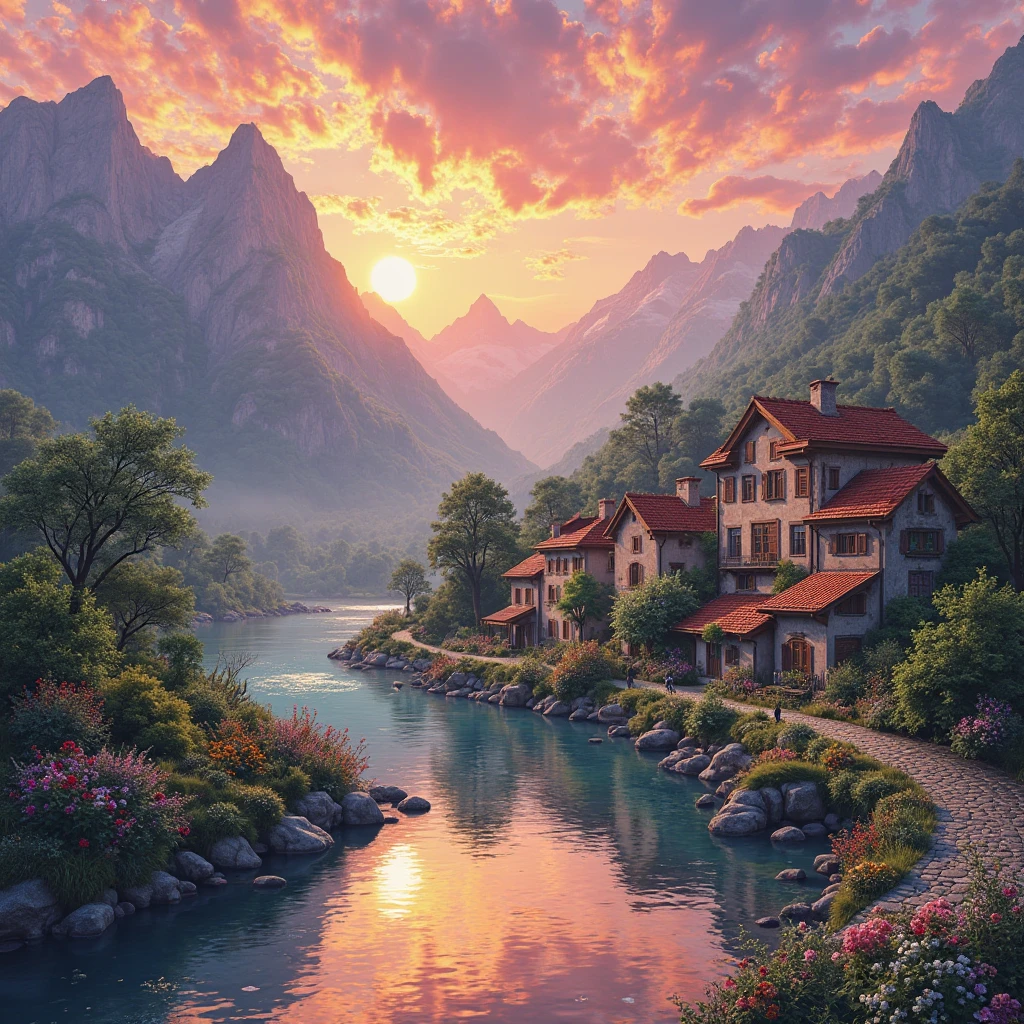 a small village by the river, mountains in the background, floral flowers colorful, detailed landscape, Beautiful natural landscapes, atmospheric lighting, scorching sunset, warm colours, practical, photopractical, Detailed Foliage, complex buildings, cobblestone street, Charming country house, swirly vibrant colors, lush vegetation, Still water reflections, Picturesque, idyllic, work of art, best qualityer, 8k, extremely detaild,anime styling