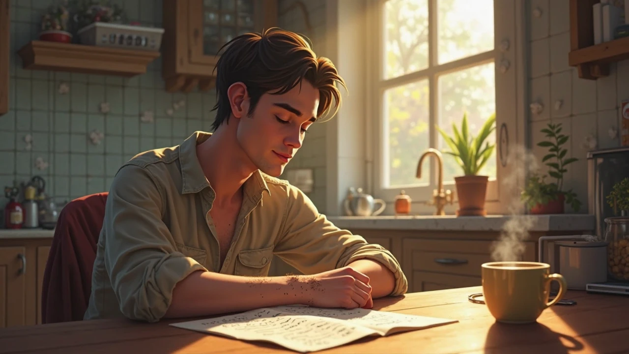 Tom sits quietly at a kitchen table bathed in soft morning light. The window is open, breeze lifting the corner of a paper filled with handwritten symbols—some from his dreams, some drawn in sleep. A cup of tea steams gently beside him. His face is still, yet radiant with something newly settled. Outside, life continues: leaves rustle, birds call, distant laughter rises from the street. He watches—not as someone detached, but as one who sees through layers. In his eyes is a quiet knowing, a memory that doesn’t fade, a light that does not need to shine to exist. On his wrist is a faint mark—not a wound, not a tattoo, but a shimmering imprint like a dream that left its shape on the body. He places his hand over it, closes his eyes for a breath, and smiles. Not everything needs to be remembered. Some things are meant to be carried. Camera: still frame, warm natural light, soft ambient sound of real life—subtle, alive. Palette: morning amber, skin warmth, pale paper white, dream ink gray