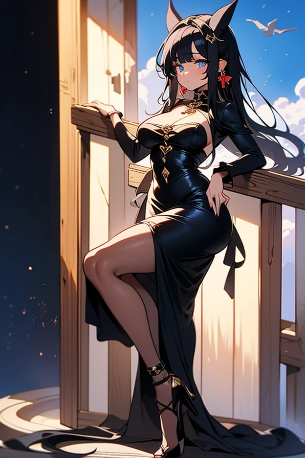 medieval setting, full view of body, 1 skinny female with large breast, beatiful smokey green eyes, black hair pinned up, elegant off-shoulder strapless midi dress, red scarf around her neck, eerie sunset