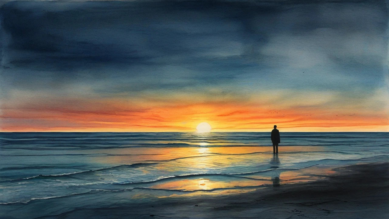 A sunset over the ocean with a person standing alone on the shore, reflecting on their journey.surrealist art style combined with smudged watercolor paint. The scene is a bit dark.