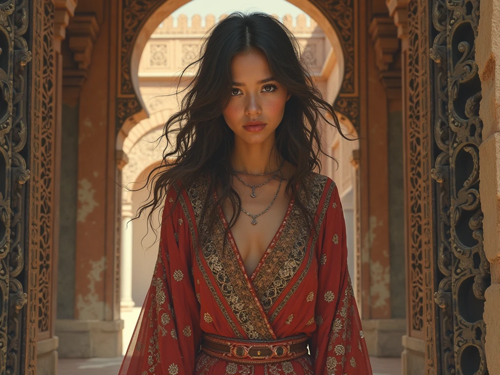 A young woman in Moroccan dress emerges from a Moroccan palace and cries from ancient times.