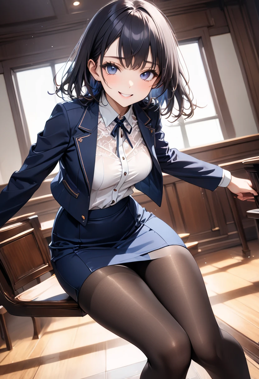 Gal High School Girl、One girl in a mini skirt, Squat with your legs wide apart、Looking down at the viewer, Twin tails, Highest quality, Focus on the thighs, Dynamic pose, smile, blazer, blouse, Black Pantyhose, panties under pantyhose, , classroom, Black Hair,My thighs are steaming between the legs 、Sweaty pantyhose、Show the soles of your feet here、My feet are stuffy