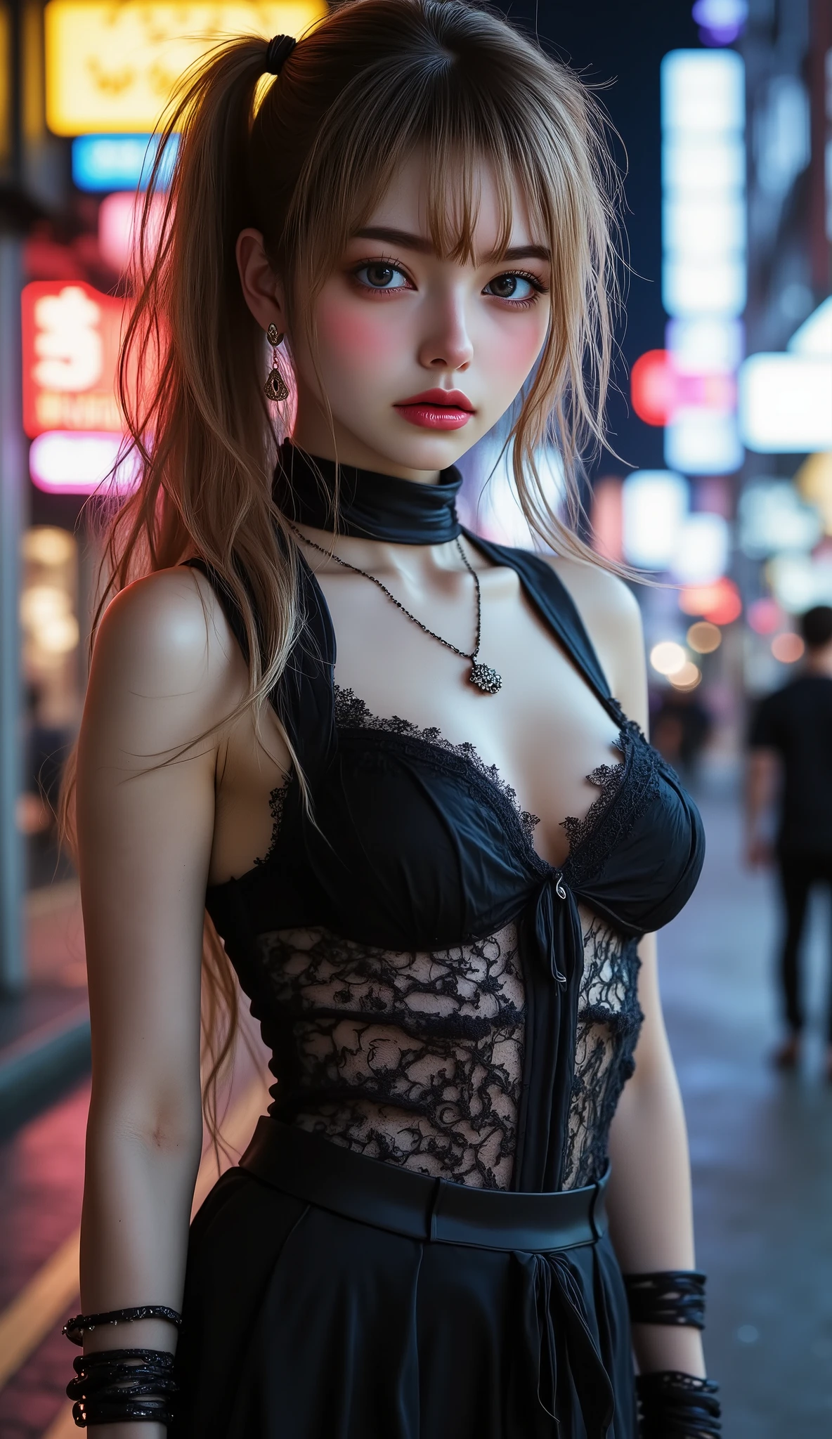  [Style: - "8k, masterpiece, realistic, photorealistic realism, hyper high resolution" - "highest quality, intricate, ultra-detailed digital art, (ultra_detailed, UHD:1.2)"] (Key Directive: - "The priority is the anatomical accuracy and texture of the materials" - "Ultra-sharp human eyes with biological accuracy") dress a beautiful girl with a perfect figure in something nice, made of available materials [(silk), (canvas, nylon,), lacy, (jewelry), bracelets, pendants, earrings], I encourage you to draw them at the same time, {Character: "full body shot , beautiful girl , perfect female skinny body , full bodyesbian , ((Beautiful long legs in good style:1 . 35)) ((no bra , no panties:1 . 3)) (medium butt) (perfect hot model body:1 . 4) (slim belly: 1 . 2) (muscular body) (firm and full breasts:1.4)]" | Face: "full lips, pink lipstick, intense gaze" | Eyes: - "((sharp focus, no blurry eyes, Hyper absurd quality, Hyper details, Hyper realistic brown eyes:1.3))" - "((extra narrow eyebrows))" - "(Carefully draw Long blue_mascara:1.2)" - "(perfect round eyes)" full bodyesbian, and if you want, you are standing, High Contrast, muted colors, long legantasy style)),(layer cut: 1.2),((no Pantieposing thighs)), ((black silk skirt, (tinyskirt:1.3), no_panties, curvy)) (rich including decorative embroidery:1.2),(red epic lace:1.25),(very intricate design of epic bodysuits:1.2), (city night, neon sign) (night), (Rendering engine: "Unreal Engine 5 path tracing, 16K texture maps") | The ultra-Highres,Unreal 5,Subsurface scattering,PBR Texturing,Post-Processing,Anisotropic Filtering,depth of fields,Maximum Sharpness and Sharpness,multi-layered texture,Albedo and Specular maps,Surface Shading,Precise simulation of light-material interactions,perfectly proportions,Octane rendering,Two-tone illumination, Wide Aperture, low ISO, white balance, The rule of thirds