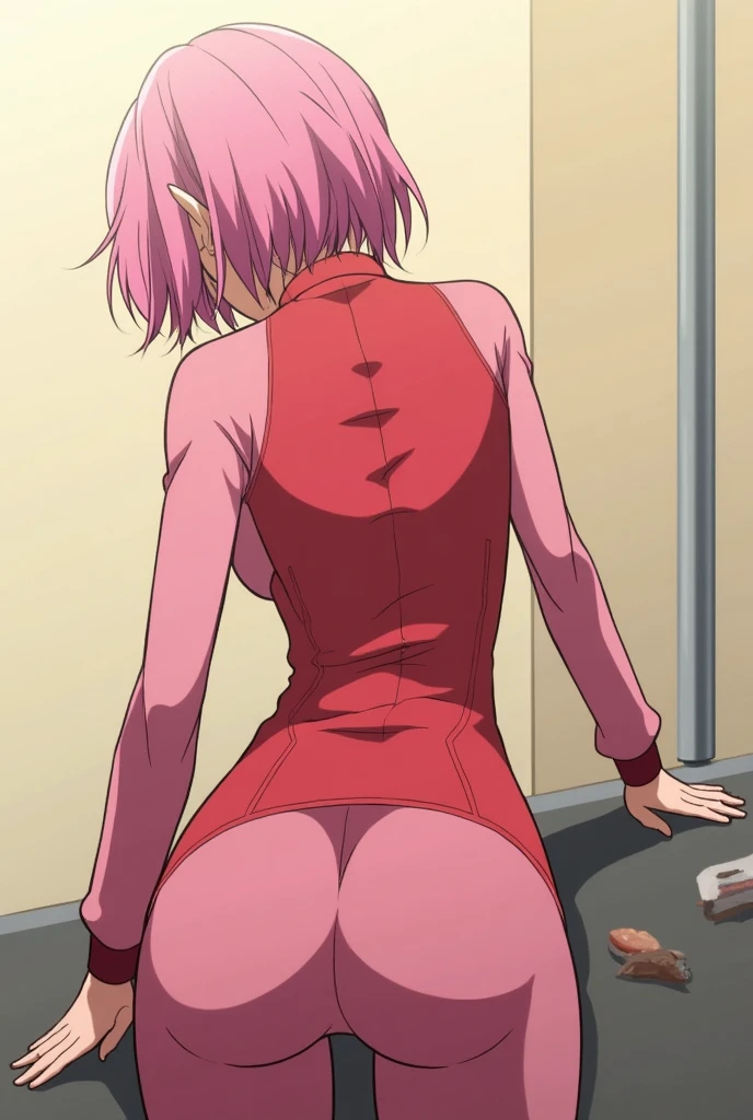 Nude, pink hair, reiju,  going down chest and butt, butt in front, mouth open moaning,  coming out of mouth