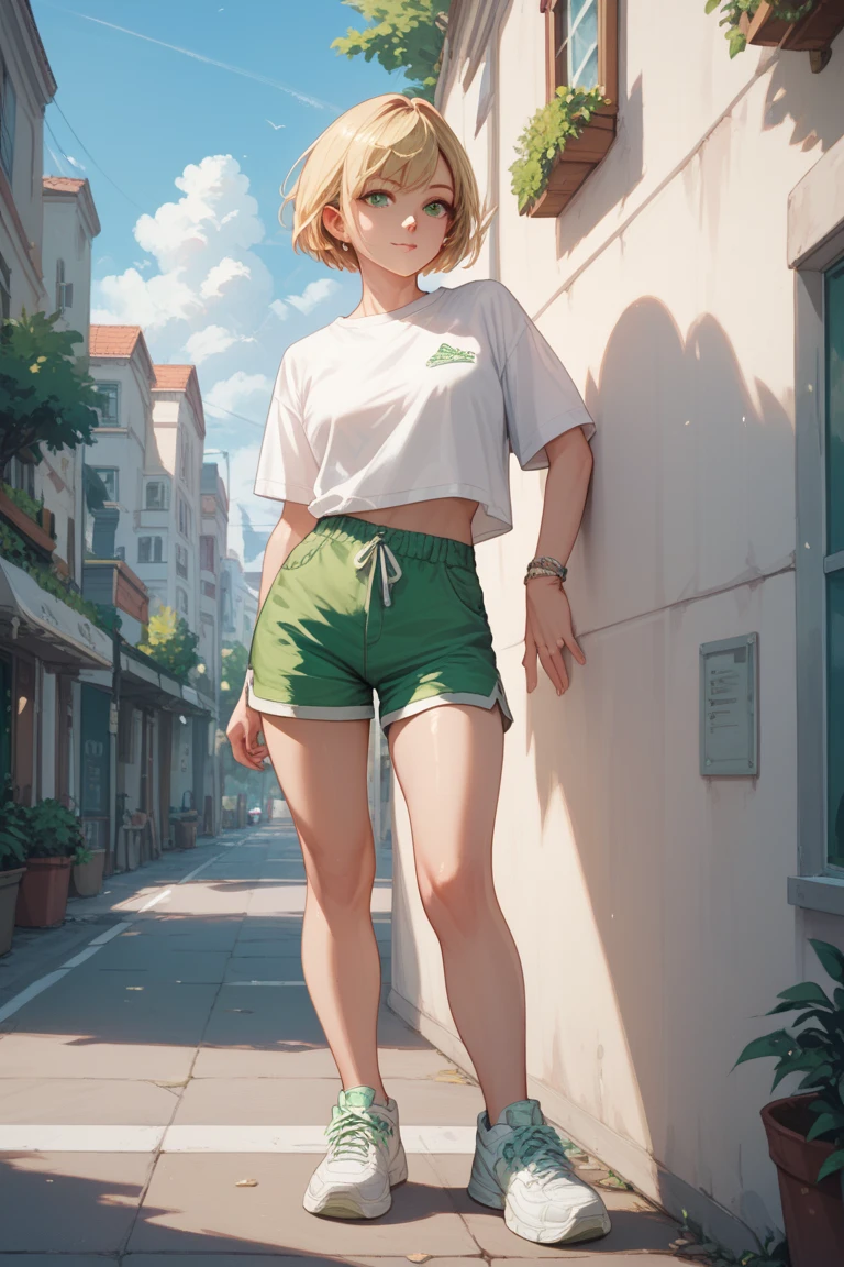 Woman, blonde hair, green eyes,very short hair, white shirt, green SHORTS, white sneakers, standing OUTSIDE