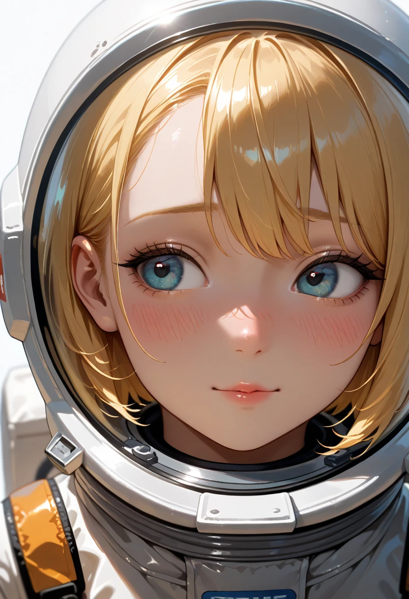 female, BLONDE in the guise of an astronaut,  She's shy , in an unbuttoned spacesuit , detailed eyes, huge saggy juicy  are slightly covered, close-up
