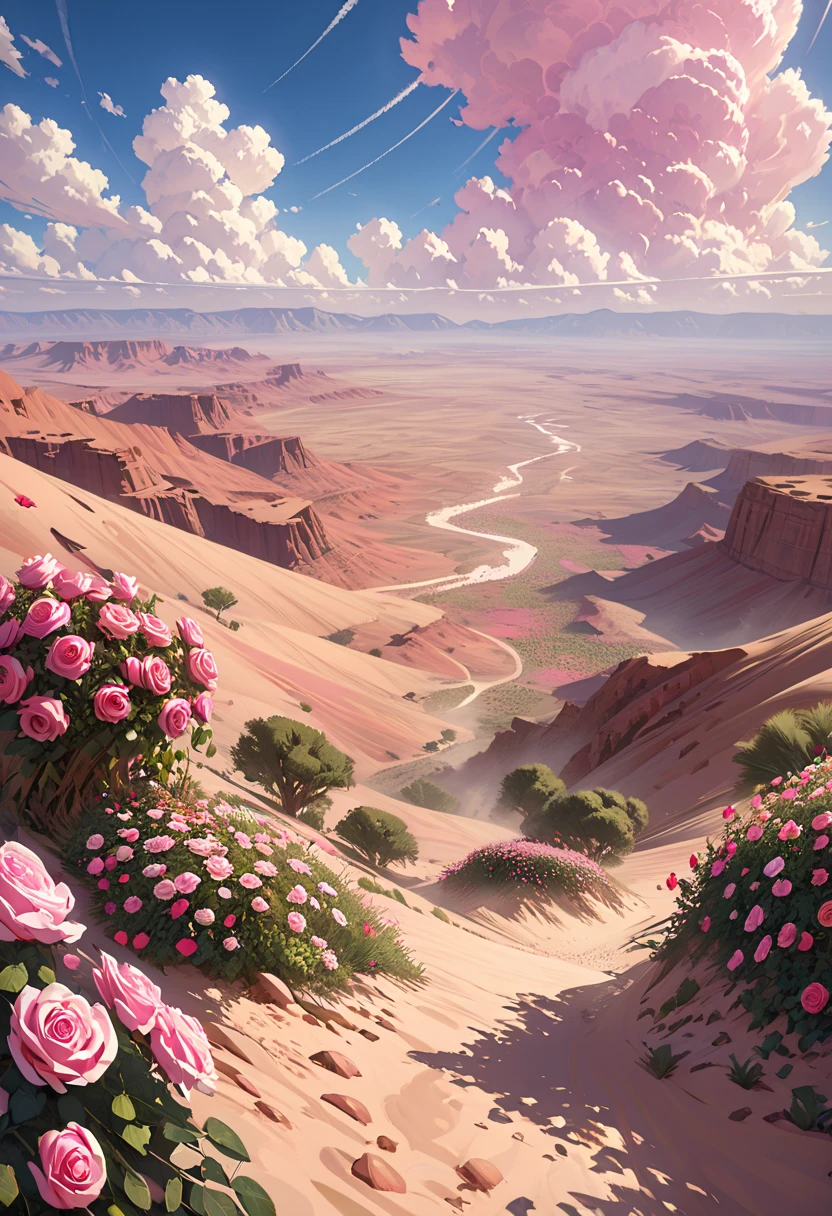 summer,  desert, Pink Cloud, Land Covered with Roses , James Gurney, ArtStation rendering,  ultra-wide lens , HD