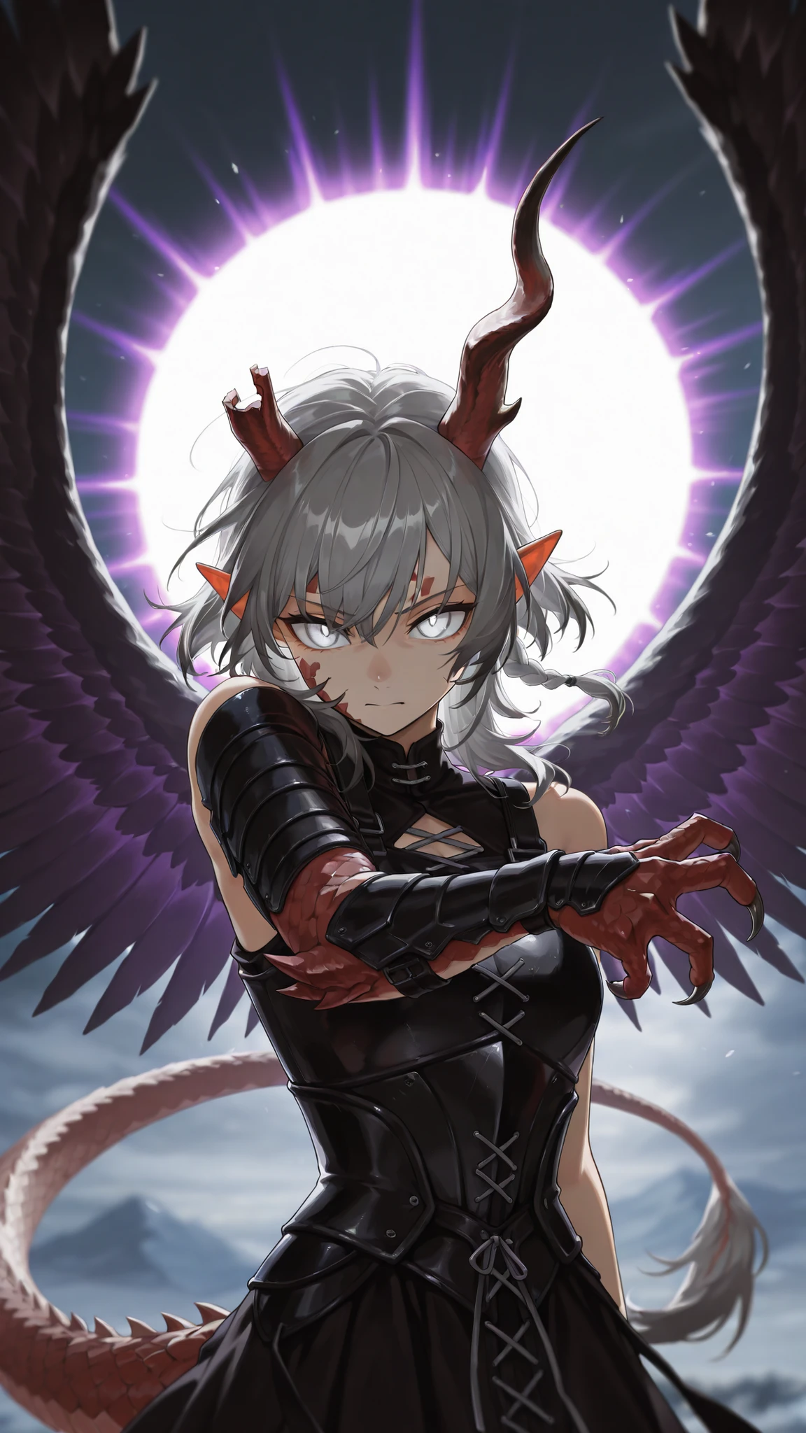 by [arknights|(748cmstyle:0.5)], god rays, cinematic shot, mature, young adult, masterpiece, best quality, amazing quality, very aesthetic, high resolution, ultra-detailed, absurdres,
(1girl, solo:0.55), alone,(dramatic pose, upper body focus, action shot, three quarter view, dynamic shot, dynamic pose, movie wallpaper, medium shot:1.2),HoSenti, medium hair, gray hair, braid, white eyes, (half dragon, mutated skin, sharp claws, armored skin, asymmetry, asymmetric mutation:1.44), dragon scales, wolf tail, wolf ears, dragon horns, purple aura, dark feathered wings, biblical, daemonic, black laced short dress,  novuschroma79 style, glitch art photo, BREAK, depth of field, volumetric lighting 
 
